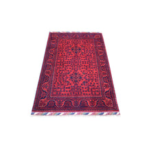 Load image into Gallery viewer, 3&#39;4&quot;x4&#39;10&quot; Deep and Saturated Red with Touches of Blue, Shiny Wool Hand Knotted, Afghan Khamyab with Geometric Design, Oriental Rug FWR430824