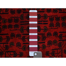 Load image into Gallery viewer, 3&#39;4&quot;x4&#39;10&quot; Deep and Saturated Red with Touches of Blue, Shiny Wool Hand Knotted, Afghan Khamyab with Geometric Design, Oriental Rug FWR430824
