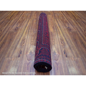 3'4"x4'10" Deep and Saturated Red with Touches of Blue, Shiny Wool Hand Knotted, Afghan Khamyab with Geometric Design, Oriental Rug FWR430824