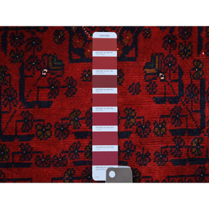 3'2"x4'8" Deep And Saturated Red With Touches Of Blue, Velvety Wool Hand Knotted, Afghan Khamyab With Geometric Design, Oriental Rug FWR430842