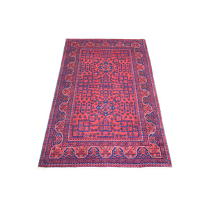 3'3"x5' Deep and Saturated Red, Afghan Khamyab with Geometric Design, Pure Wool Hand Knotted, Oriental Rug FWR430848