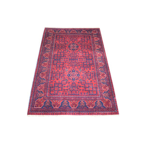 3'5"x4'10" Deep and Saturated Red with Touches of Blue, Afghan Khamyab with Geometric Design, Shiny Wool Hand Knotted, Oriental Rug FWR430860