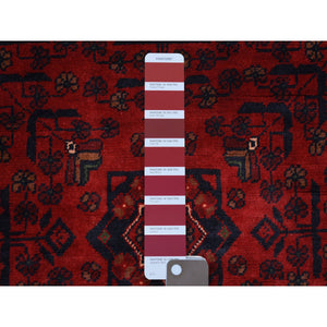 3'5"x4'10" Deep and Saturated Red with Touches of Blue, Afghan Khamyab with Geometric Design, Shiny Wool Hand Knotted, Oriental Rug FWR430860
