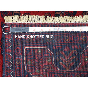 3'5"x4'10" Deep and Saturated Red with Touches of Blue, Afghan Khamyab with Geometric Design, Shiny Wool Hand Knotted, Oriental Rug FWR430860