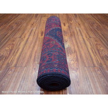 Load image into Gallery viewer, 2&#39;8&quot;x12&#39;6&quot; Deep And Saturated Red With Mix Of Navy Blue, Hand Knotted Afghan Khamyab With Geometric Medallions Design, Pure Wool, Runner Oriental Rug FWR430884