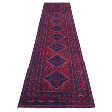 Load image into Gallery viewer, 3&#39;x12&#39;9&quot; Deep and Saturated Red with Mix of Navy Blue, Pure Wool Hand Knotted, Afghan Khamyab with Large Tribal Medallions Design, Runner Oriental Rug FWR430920