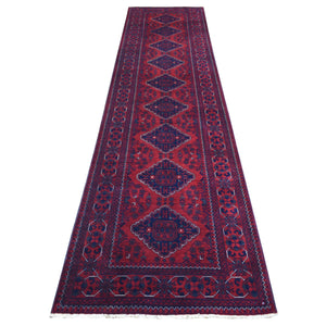 3'x12'9" Deep and Saturated Red with Mix of Navy Blue, Pure Wool Hand Knotted, Afghan Khamyab with Large Tribal Medallions Design, Runner Oriental Rug FWR430920