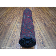 Load image into Gallery viewer, 3&#39;x12&#39;9&quot; Deep and Saturated Red with Mix of Navy Blue, Pure Wool Hand Knotted, Afghan Khamyab with Large Tribal Medallions Design, Runner Oriental Rug FWR430920