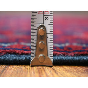 3'x12'9" Deep and Saturated Red with Mix of Navy Blue, Pure Wool Hand Knotted, Afghan Khamyab with Large Tribal Medallions Design, Runner Oriental Rug FWR430920