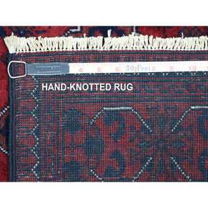 3'x12'9" Deep and Saturated Red with Mix of Navy Blue, Pure Wool Hand Knotted, Afghan Khamyab with Large Tribal Medallions Design, Runner Oriental Rug FWR430920