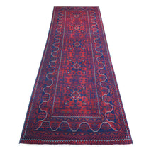 Load image into Gallery viewer, 3&#39;x9&#39;3&quot; Deep and Saturated Red with Touches of Navy Blue, Afghan Khamyab with Geometric Design, Soft Wool Hand Knotted, Runner Oriental Rug FWR430926