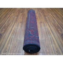 Load image into Gallery viewer, 3&#39;x9&#39;3&quot; Deep and Saturated Red with Touches of Navy Blue, Afghan Khamyab with Geometric Design, Soft Wool Hand Knotted, Runner Oriental Rug FWR430926