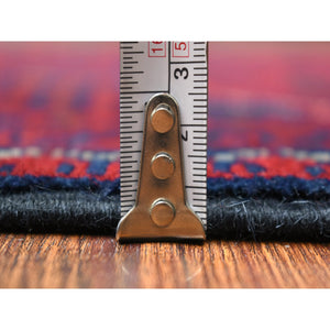 3'x9'3" Deep and Saturated Red with Touches of Navy Blue, Afghan Khamyab with Geometric Design, Soft Wool Hand Knotted, Runner Oriental Rug FWR430926