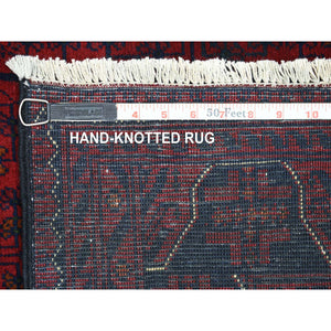 3'x9'3" Deep and Saturated Red with Touches of Navy Blue, Afghan Khamyab with Geometric Design, Soft Wool Hand Knotted, Runner Oriental Rug FWR430926