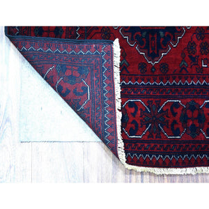 3'x9'6" Deep And Saturated Red With Mix Of Navy Blue, Shiny Wool Hand Knotted, Afghan Khamyab With Large Geometric Medallions Design, Runner Oriental Rug FWR430932