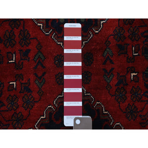 3'x9'6" Deep And Saturated Red With Mix Of Navy Blue, Shiny Wool Hand Knotted, Afghan Khamyab With Large Geometric Medallions Design, Runner Oriental Rug FWR430932
