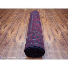 Load image into Gallery viewer, 3&#39;x9&#39;6&quot; Deep And Saturated Red With Mix Of Navy Blue, Shiny Wool Hand Knotted, Afghan Khamyab With Large Geometric Medallions Design, Runner Oriental Rug FWR430932