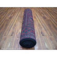 Load image into Gallery viewer, 2&#39;7&quot;x13&#39; Deep And Saturated Red With Touches Of Navy Blue, Afghan Khamyab With Geometric Medallions Design, Soft And Velvety Wool Hand Knotted, Runner Oriental Rug FWR430938