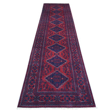 Load image into Gallery viewer, 3&#39;x12&#39;8&quot; Deep and Saturated Red with Mix of Navy Blue, Afghan Khamyab with Large Geometric Medallions Design, Velvety Wool Hand Knotted, Runner Oriental Rug FWR430950