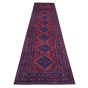 3'x12'8" Deep and Saturated Red with Mix of Navy Blue, Afghan Khamyab with Large Geometric Medallions Design, Velvety Wool Hand Knotted, Runner Oriental Rug FWR430950