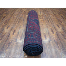 Load image into Gallery viewer, 3&#39;x12&#39;8&quot; Deep and Saturated Red with Mix of Navy Blue, Afghan Khamyab with Large Geometric Medallions Design, Velvety Wool Hand Knotted, Runner Oriental Rug FWR430950