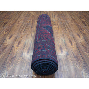 3'x12'8" Deep and Saturated Red with Mix of Navy Blue, Afghan Khamyab with Large Geometric Medallions Design, Velvety Wool Hand Knotted, Runner Oriental Rug FWR430950