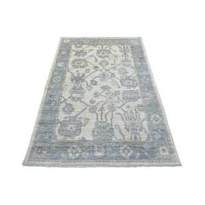 4'1"x6'1" Ivory Angora Oushak Soft Colors With Leaf Design Hand Knotted Natural Dyes, Afghan Wool Oriental Rug FWR431250