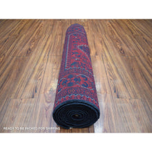 Load image into Gallery viewer, 2&#39;10&quot;x12&#39;6&quot; Deep and Saturated Red with Touches of Navy Blue, Soft and Shiny Wool Hand Knotted, Afghan Khamyab with Large Tribal Medallions Design, Runner Oriental Rug FWR431382