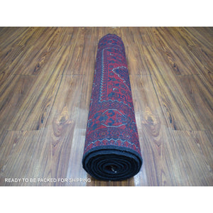 3'x9'7" Deep And Saturated Red Tribal Design Velvety Wool, Afghan Khamyab Hand Knotted Runner Oriental Rug FWR431406