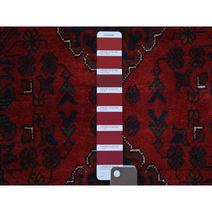 2'9"x9'7" Deep And Saturated Red Tribal Design Velvety Wool, Afghan Khamyab Hand Knotted Runner Oriental Rug FWR431424