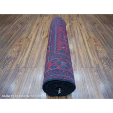 Load image into Gallery viewer, 2&#39;9&quot;x9&#39;7&quot; Deep And Saturated Red Tribal Design Velvety Wool, Afghan Khamyab Hand Knotted Runner Oriental Rug FWR431424