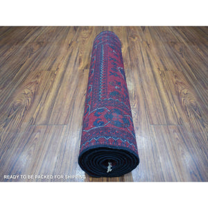 2'9"x9'7" Deep And Saturated Red Tribal Design Velvety Wool, Afghan Khamyab Hand Knotted Runner Oriental Rug FWR431424