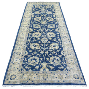 4'x10'3" Denim Blue, Hand Knotted Fine Peshawar with Floral Motifs, Densely Woven Organic Wool, Wide Runner Oriental Rug FWR431700