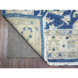 4'x10'3" Denim Blue, Hand Knotted Fine Peshawar with Floral Motifs, Densely Woven Organic Wool, Wide Runner Oriental Rug FWR431700