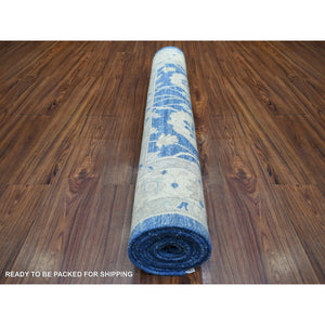 4'x10'3" Denim Blue, Hand Knotted Fine Peshawar with Floral Motifs, Densely Woven Organic Wool, Wide Runner Oriental Rug FWR431700