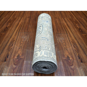 2'6"x9'9" Light Gray, Pure Wool Hand Knotted, Fine Peshawar With Karajeh Design Densely Woven, Runner Oriental Rug FWR431712
