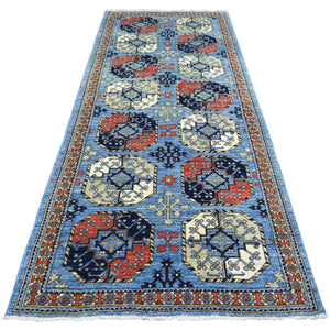 4'6"x10' Blue, Dense Weave Soft Wool Hand Knotted, Afghan Ersari with Elephant Feet Design Natural Dyes, Wide Runner Oriental Rug FWR431952