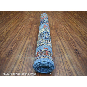 4'6"x10' Blue, Dense Weave Soft Wool Hand Knotted, Afghan Ersari with Elephant Feet Design Natural Dyes, Wide Runner Oriental Rug FWR431952
