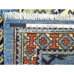 4'6"x10' Blue, Dense Weave Soft Wool Hand Knotted, Afghan Ersari with Elephant Feet Design Natural Dyes, Wide Runner Oriental Rug FWR431952
