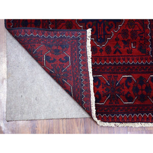 2'8"x9'7" Deep And Saturated Red With Geometric Design Hand Knotted Afghan Khamyab, Velvety Wool Runner Oriental Rug FWR432048