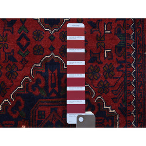 2'8"x9'7" Deep And Saturated Red With Geometric Design Hand Knotted Afghan Khamyab, Velvety Wool Runner Oriental Rug FWR432048