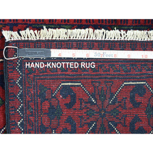 2'8"x9'7" Deep And Saturated Red With Geometric Design Hand Knotted Afghan Khamyab, Velvety Wool Runner Oriental Rug FWR432048