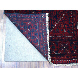 2'9"x9'5" Deep And Saturated Red Natural Dyes Afghan Khamyab Velvety Wool, Geometric Design Hand Knotted Runner Oriental Rug FWR432090