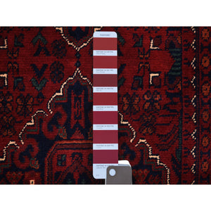 2'9"x9'5" Deep And Saturated Red Natural Dyes Afghan Khamyab Velvety Wool, Geometric Design Hand Knotted Runner Oriental Rug FWR432090