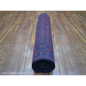 2'9"x9'5" Deep And Saturated Red Natural Dyes Afghan Khamyab Velvety Wool, Geometric Design Hand Knotted Runner Oriental Rug FWR432090
