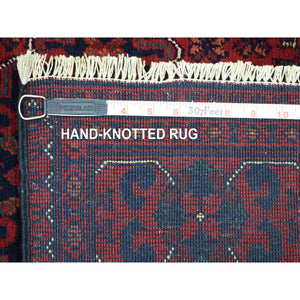 2'9"x9'5" Deep And Saturated Red Natural Dyes Afghan Khamyab Velvety Wool, Geometric Design Hand Knotted Runner Oriental Rug FWR432090
