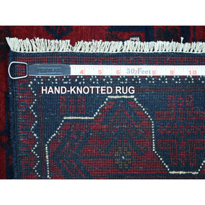 2'8"x9' Deep And Saturated Red Natural Dyes Afghan Khamyab, Pure Wool With Geometric Design Hand Knotted Runner Oriental Rug FWR432102