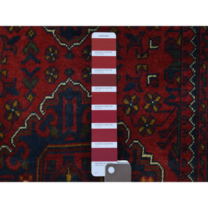 3'x9'10" Deep And Saturated Red With Geometric Design Hand Knotted Afghan Khamyab, Velvety Wool Runner Oriental Rug FWR432120
