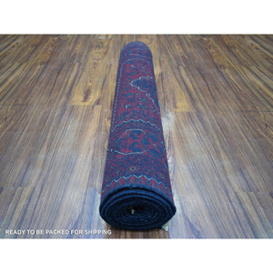 3'x9'10" Deep And Saturated Red With Geometric Design Hand Knotted Afghan Khamyab, Velvety Wool Runner Oriental Rug FWR432120
