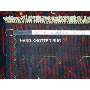 3'x9'10" Deep And Saturated Red With Geometric Design Hand Knotted Afghan Khamyab, Velvety Wool Runner Oriental Rug FWR432120